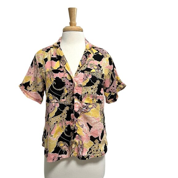Anthropologie 100% Linen Cheetah Leopard Print Short Sleeve Shirt size Small - Picture 1 of 7